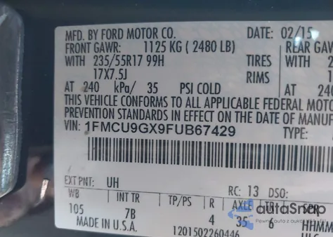 2015 Ford Escape Se z USA, uszkodzony, nr VIN 1FMCU9GX9FUB67429